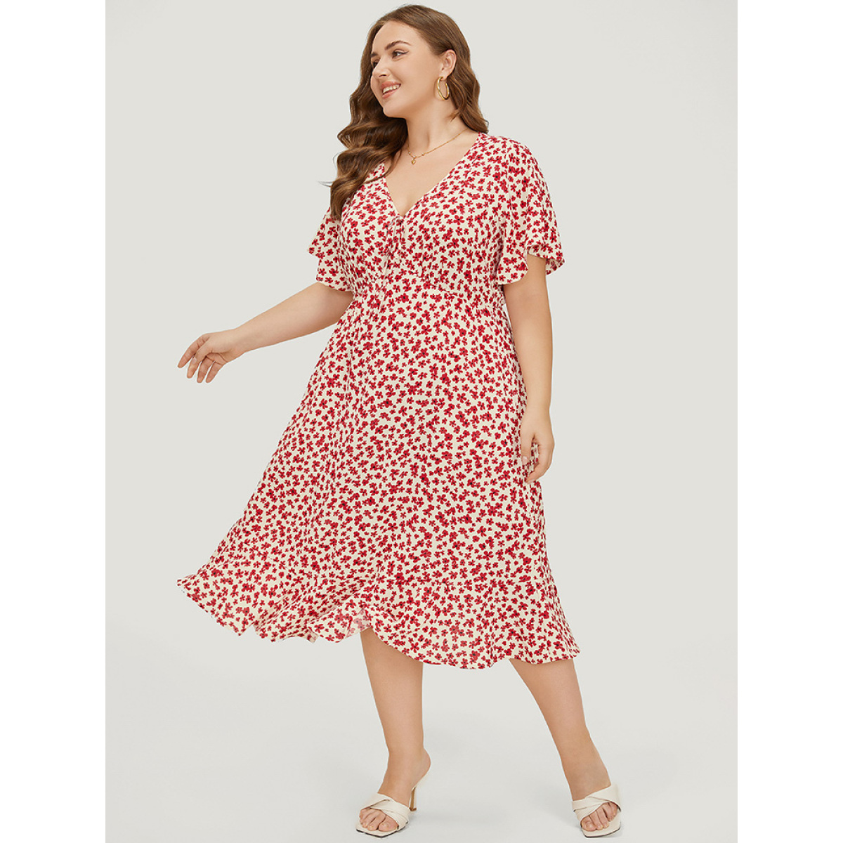 

Plus Size Ditsy Floral Knot Front Pocket Ruffle Hem Dress Red Women Knotted V-neck Short sleeve Curvy Midi Dress BloomChic