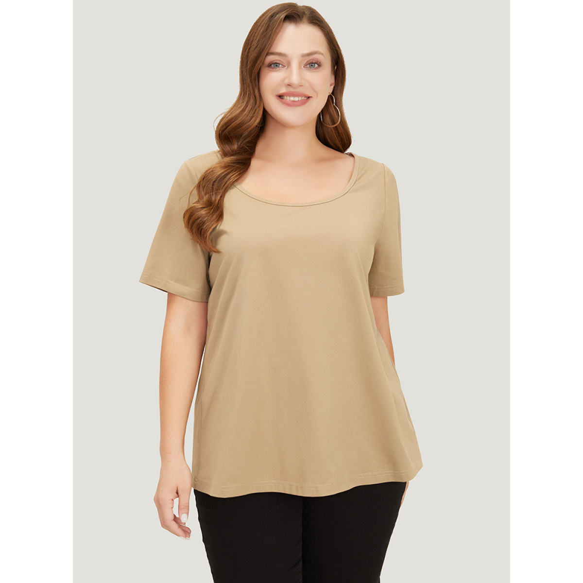 

Plus Size UltraCool Solid Scoop Neck Slightly Stretchy T-shirt Tan Women Basics Plain Scoop Neck Dailywear T-shirts BloomChic