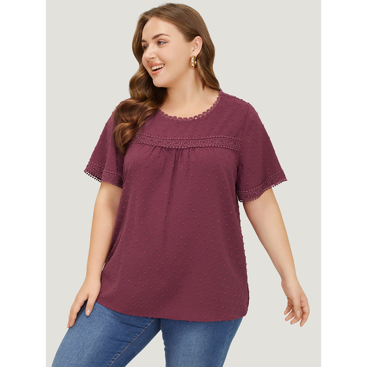 Plus Size RedViolet Polka Dot Gathered Lace Blouse Women Elegant Short sleeve Round Neck Dailywear Blouses BloomChic
Plus Size RedViolet Polka Dot Gathered Lace Blouse Women Elegant Short sleeve Round Neck Dailywear Blouses BloomChic