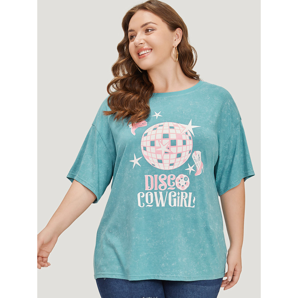 

Plus Size Star & Boots Print Heather Graphic T-shirt Teal Women Casual POP culture Round Neck Dailywear T-shirts BloomChic