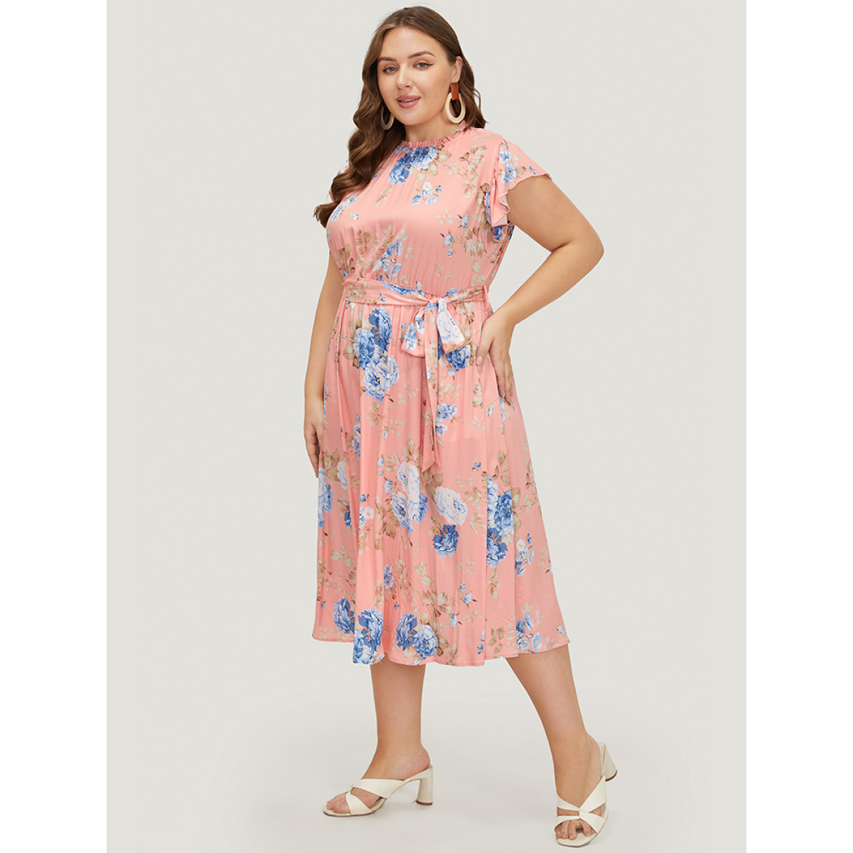 

Plus Size Floral Frill Trim Mock Neck Pocket Ruffle Belted Cap Sleeve Dress Crepe Women Non Round Neck Short sleeve Curvy Midi Dress BloomChic