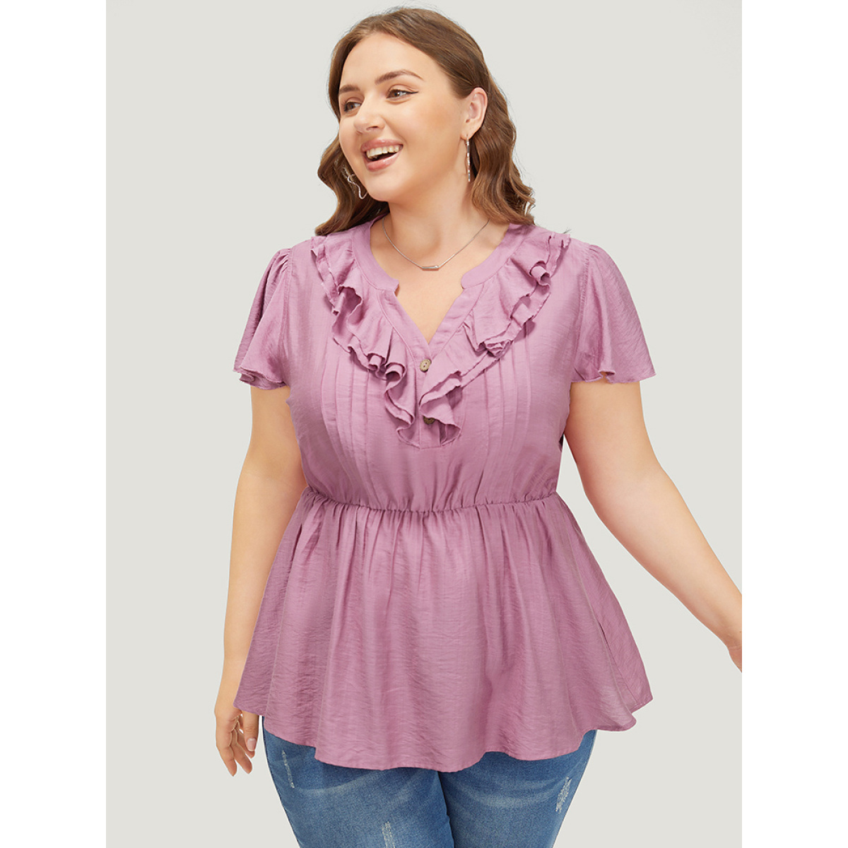 

Plus Size Mauve Solid Pleated Button Up Ruffle Tiered Blouse Women Elegant Short sleeve Notched collar Dailywear Blouses BloomChic