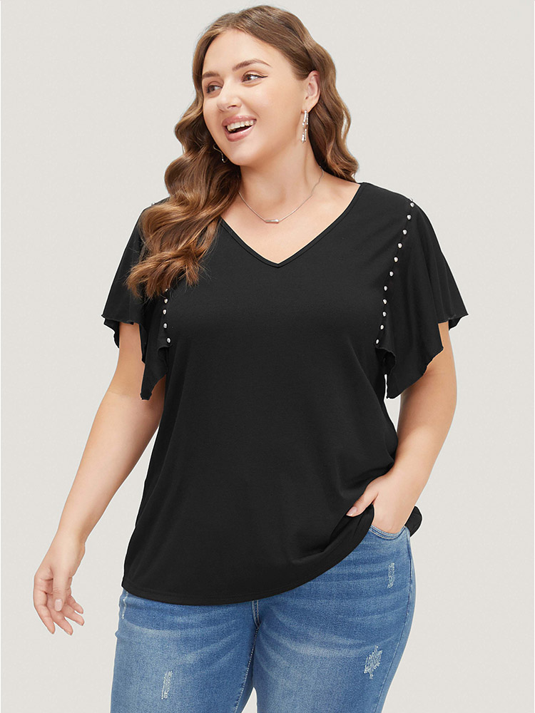 

Plus Size Plain Rivets Ruffle Sleeve T-shirt Black Women Elegant Plain V-neck Dailywear T-shirts BloomChic