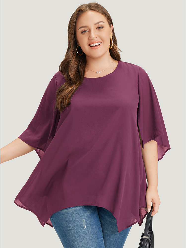 

Plus Size Purple Anti-Wrinkle Plain Mesh Flutter Sleeve Hanky Hem Blouse Women Office Elbow-length sleeve Round Neck Dailywear Blouses BloomChic