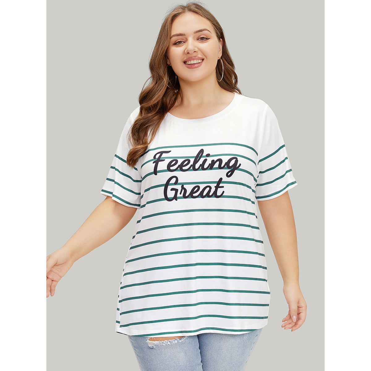 

Plus Size Striped & Slogans Print Crew Neck T-shirt White Women Casual Positive slogan Round Neck Dailywear T-shirts BloomChic