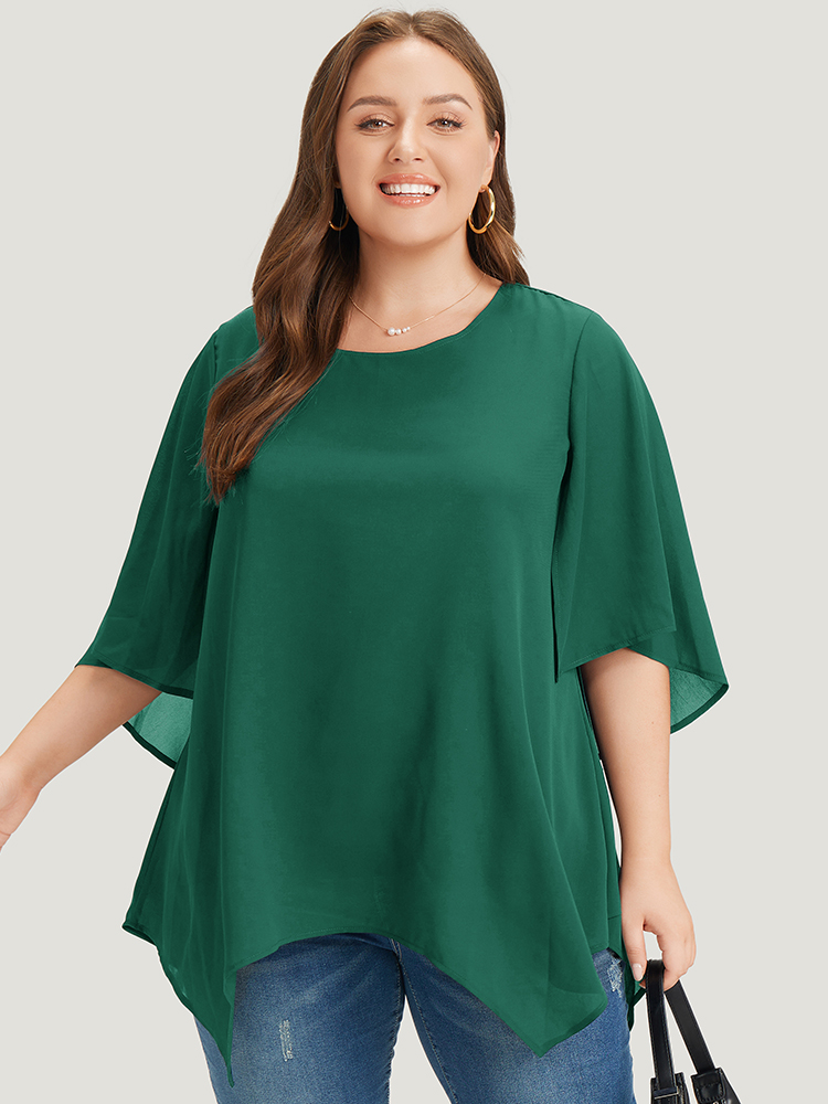 

Plus Size Emerald Anti-Wrinkle Plain Mesh Flutter Sleeve Hanky Hem Blouse Women Office Elbow-length sleeve Round Neck Dailywear Blouses BloomChic
