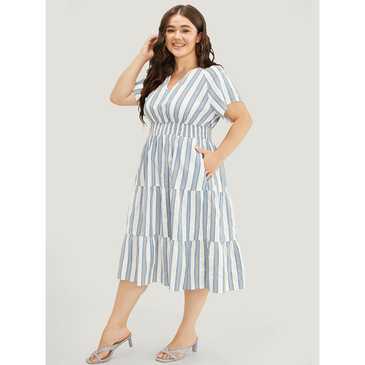 

Plus Size Striped Contrast Pocket Shirred Flutter Tiered Dress Blue Women Non Curvy Midi Dress BloomChic