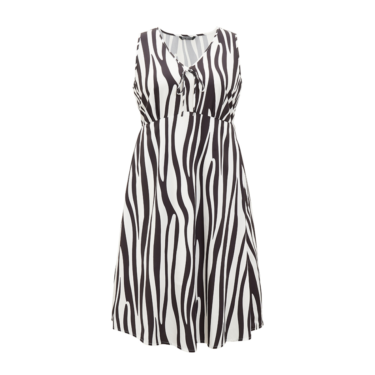 

Plus Size Zebra Print Ruffle Sleeveless Pocket Knot Neck Dress Black Women V-neck Sleeveless Curvy Knee Dress BloomChic