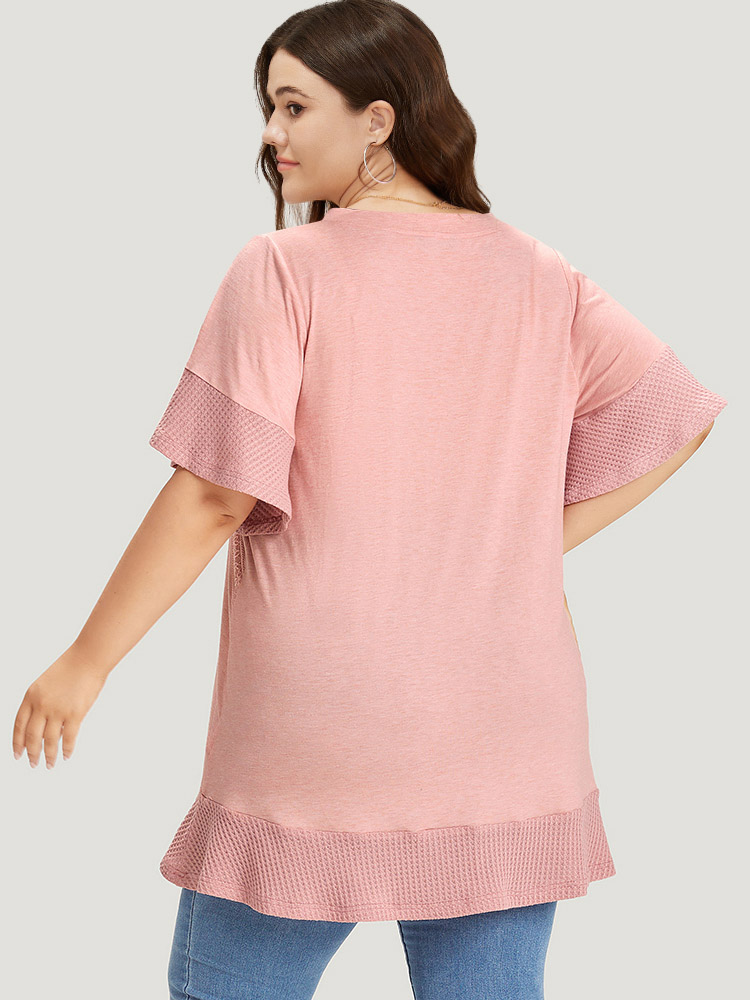 

Plus Size Plain Heather Crochet Lace Asymmetrical Hem T-shirt Pink Women Elegant Patchwork Plain V-neck Dailywear T-shirts BloomChic