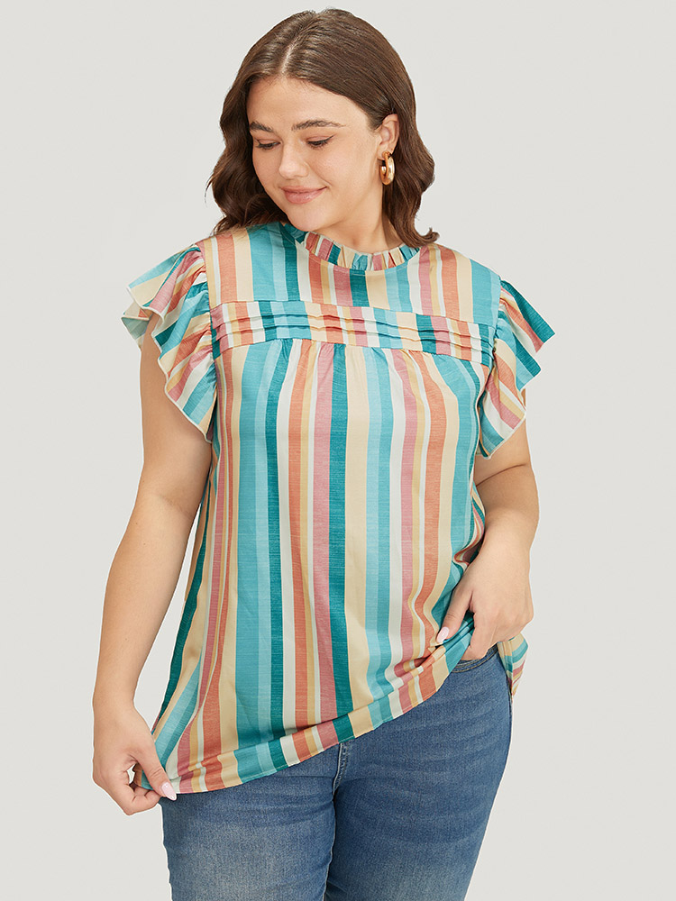 

Plus Size Turquoise Striped Contrast Pleated Cap Sleeve Keyhole Frill Trim Blouse Women Vacation Cap Sleeve Mock Neck Dailywear Blouses BloomChic