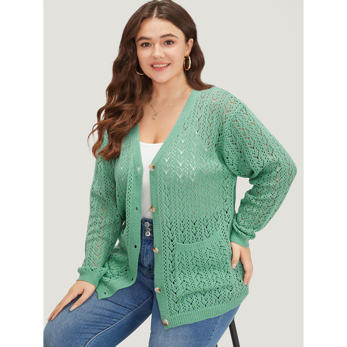 

Plus Size Solid Pocket Hollow Out Button Down Cardigan Mint Women Casual Bodycon Long Sleeve Everyday Cardigans BloomChic