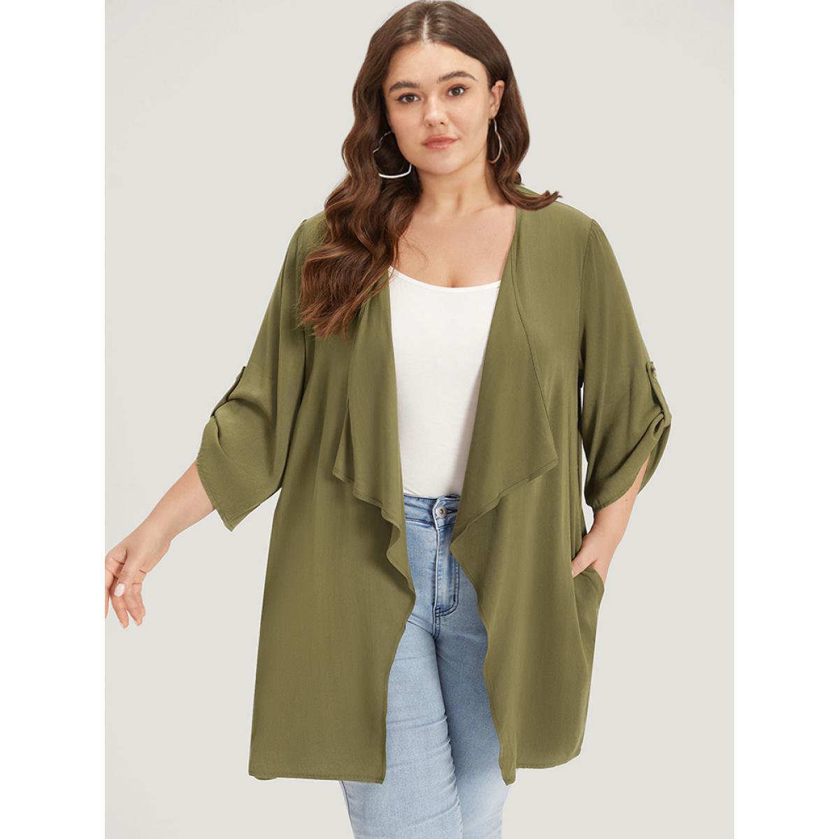 

Plus Size Supersoft Essentials Plain Pocket Button Ruffle Open Front Kimono Women ArmyGreen Casual Plain Loose Pocket Dailywear Kimonos BloomChic