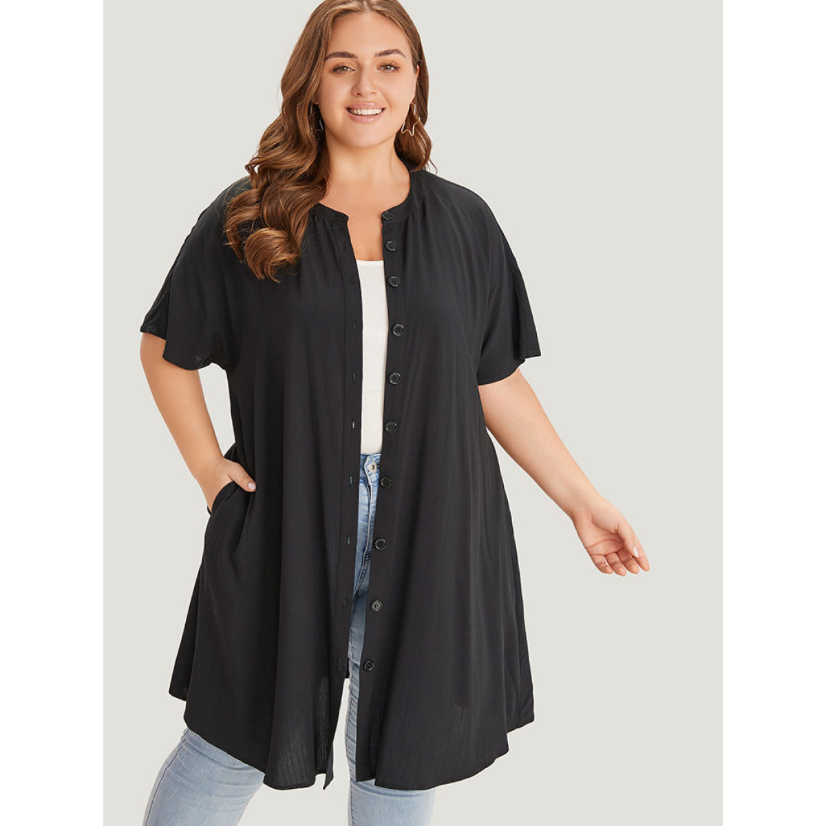 

Plus Size Supersoft Essentials Plain Button Through Dolman Sleeve Ruffle Hem Kimono Women Black Casual Plain Pocket Dailywear Kimonos BloomChic