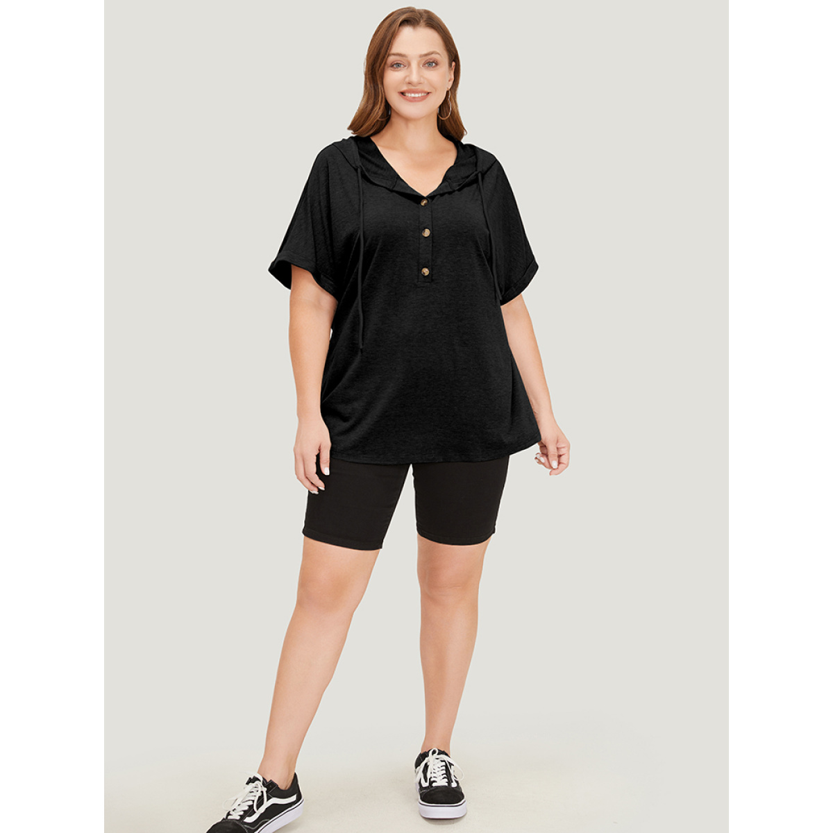 

Plus Size Plain Drawstring Roll Sleeve Button Up Hooded T-shirt Black Women Casual Drawstring Plain Hooded Everyday T-shirts BloomChic