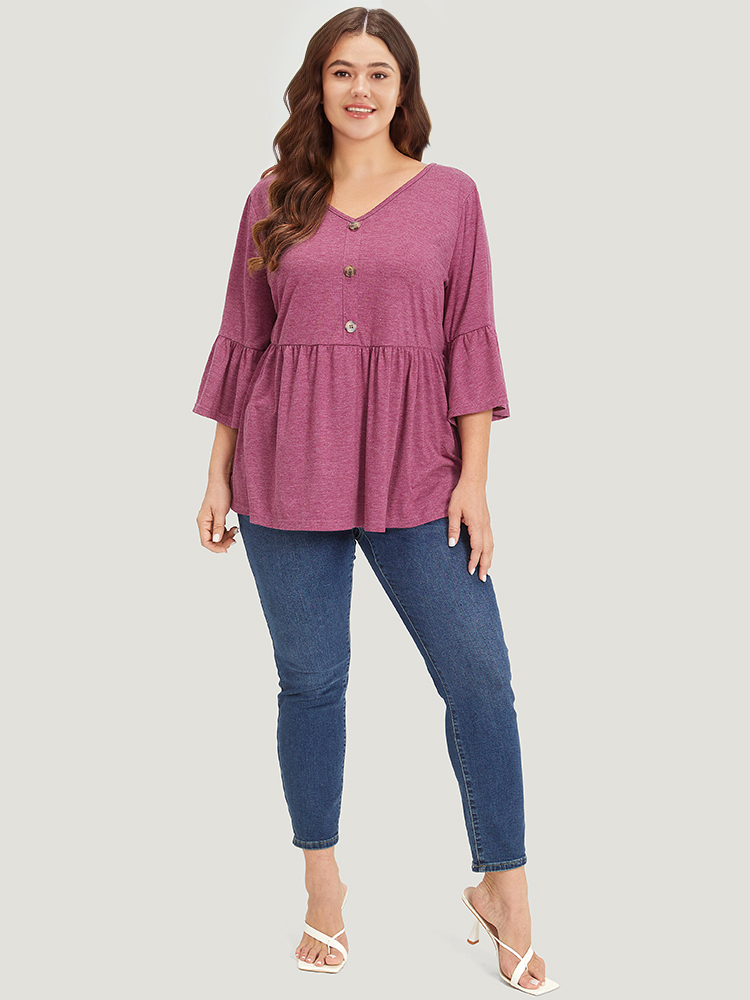 

Plus Size Heather Ruffle V Neck Button Detail Bell Sleeve T-shirt RedViolet Women Elegant Plain Plain V-neck Dailywear T-shirts BloomChic