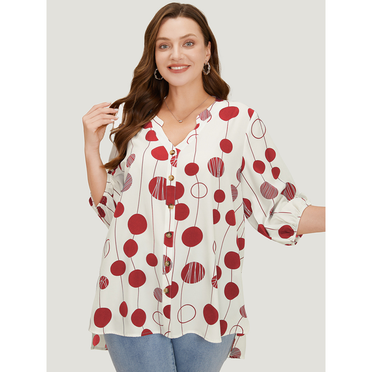 

Plus Size Red Polka Dot Button Detail Lantern Sleeve Split High Low Blouse Women Elegant Elbow-length sleeve V-neck Dailywear Blouses BloomChic
