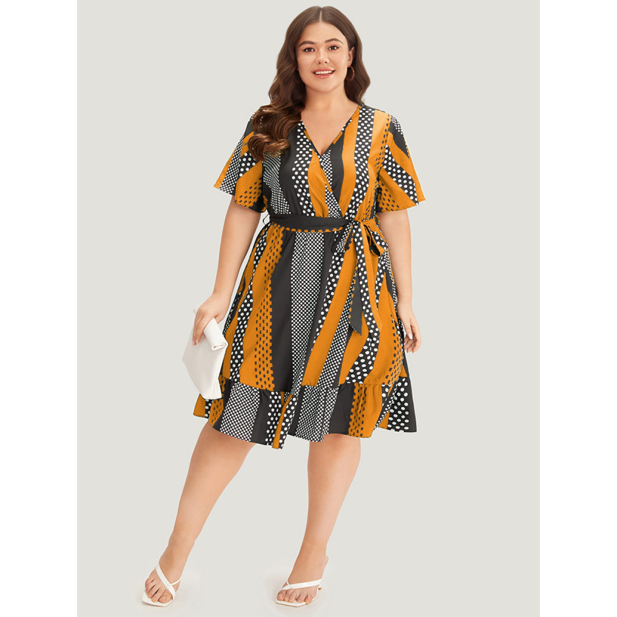 Plus Size Striped & Polka Dot Graphic Pocket Ruffle Wrap Dress Orange Women Office Wrap V-neck Short sleeve Curvy Knee Dress BloomChic
Plus Size Striped & Polka Dot Graphic Pocket Ruffle Wrap Dress Orange Women Office Wrap V-neck Short sleeve Curvy Knee Dress BloomChic