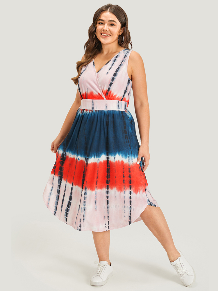 

Plus Size Tie Dye Pocket Wrap Arc Hem Tank Dress Multicolor Women Arc Hem V-neck Sleeveless Curvy Midi Dress BloomChic