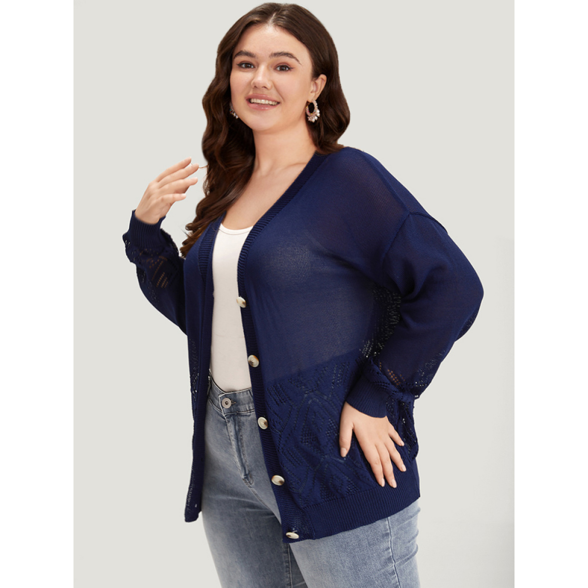 

Plus Size Geometric Eyelet Button Through Elastic Cuffs Cardigan Navy Women Casual Loose Long Sleeve Everyday Cardigans BloomChic