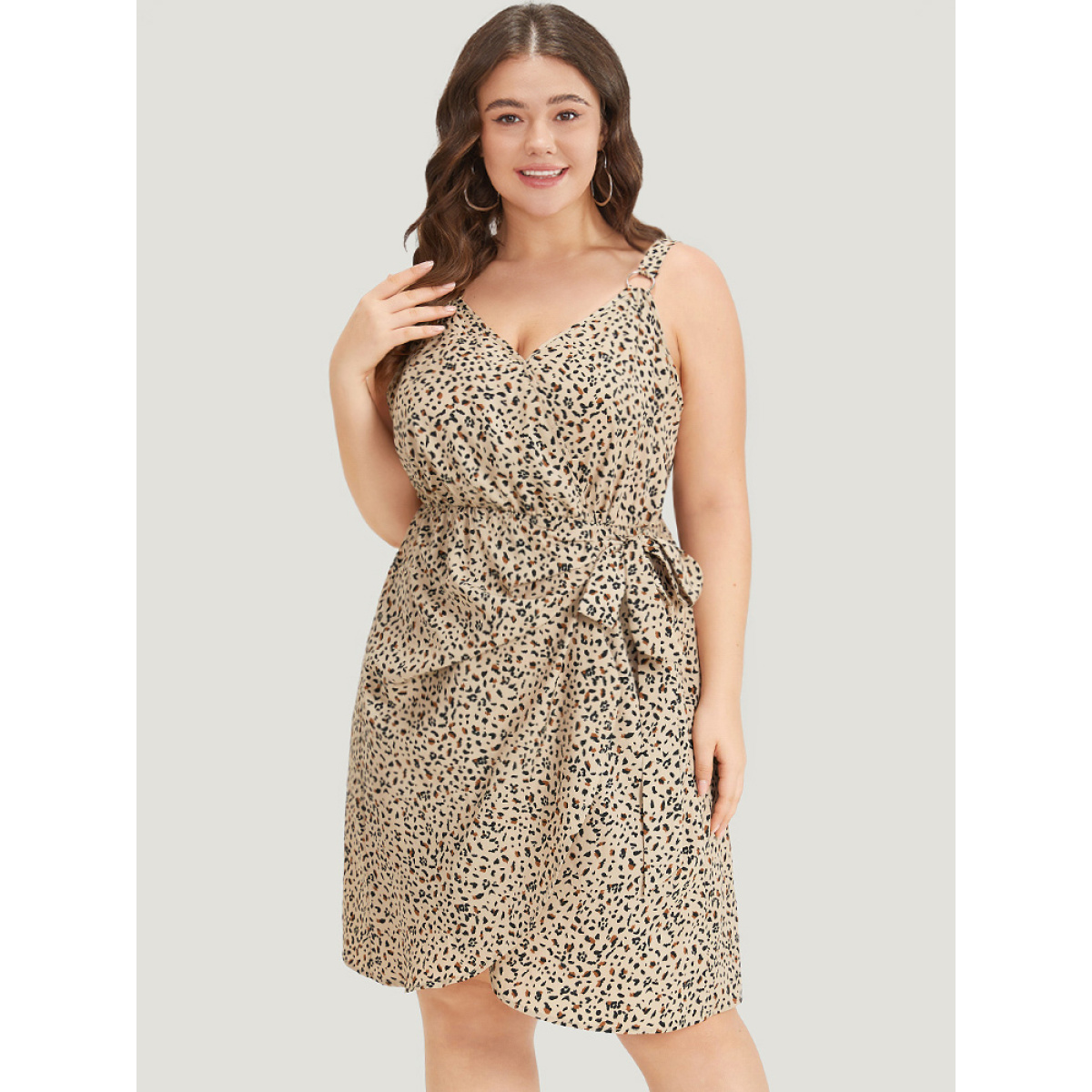 

Plus Size Allover Print Ties Wrap Metal Detail Cami Dress LightBrown Women Knotted Spaghetti Strap Sleeveless Curvy Knee Dress BloomChic