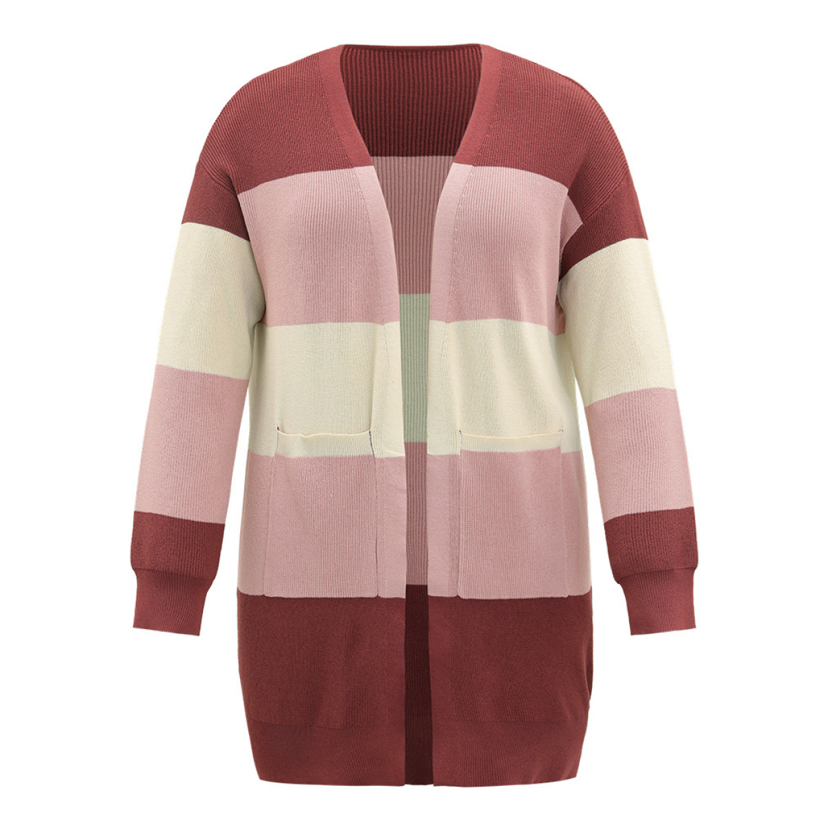 

Plus Size Colorblock Patchwork Patched Pocket Elastic Cuffs Cardigan Russet Women Casual Loose Long Sleeve Everyday Cardigans BloomChic