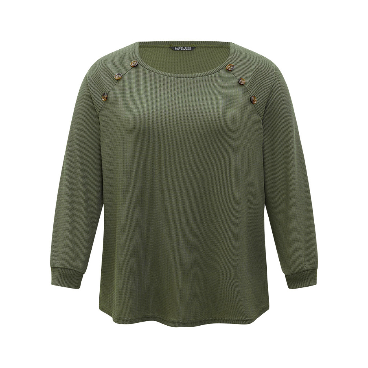 

Plus Size Plain Waffle Knit Button Detail Crew Neck Raglan Sleeve T-shirt ArmyGreen Women Casual Elastic cuffs Plain Round Neck Dailywear T-shirts BloomChic