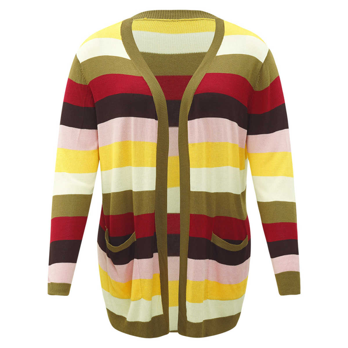 

Plus Size Supersoft Essentials Rainbow Striped Patched Pocket Open Front Cardigan Multicolor Women Casual Loose Long Sleeve Everyday Cardigans BloomChic