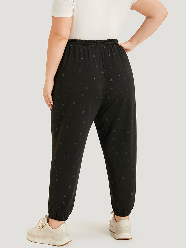

Star Drawstring Slant Pocket Elastic Waist Sweatpants Black Plus Size Women Casual Dailywear Elastic Waist  Bloomchic