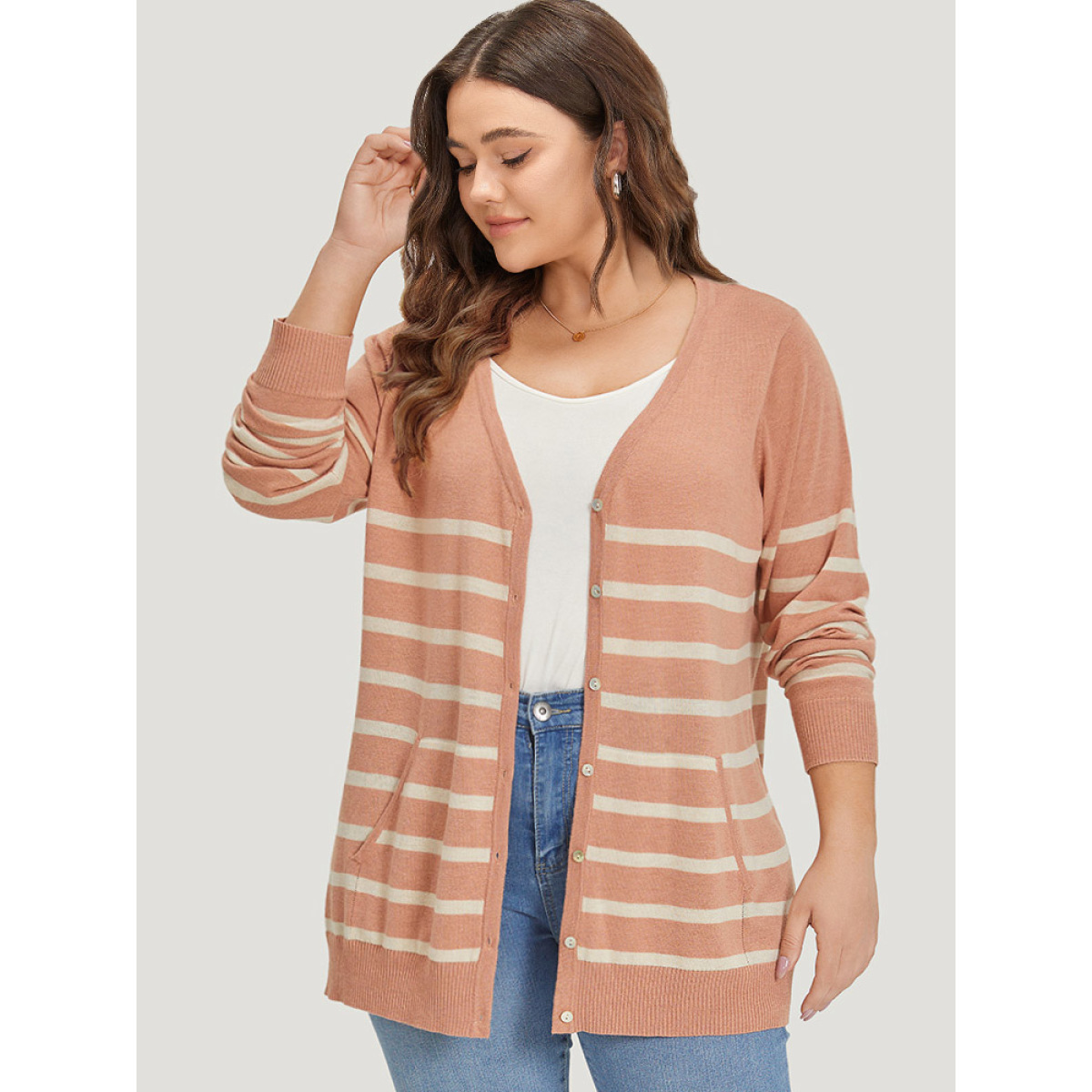 

Plus Size Supersoft Essentials Striped Pocket Button Through Cardigan Crepe Women Casual Loose Long Sleeve Dailywear Cardigans BloomChic