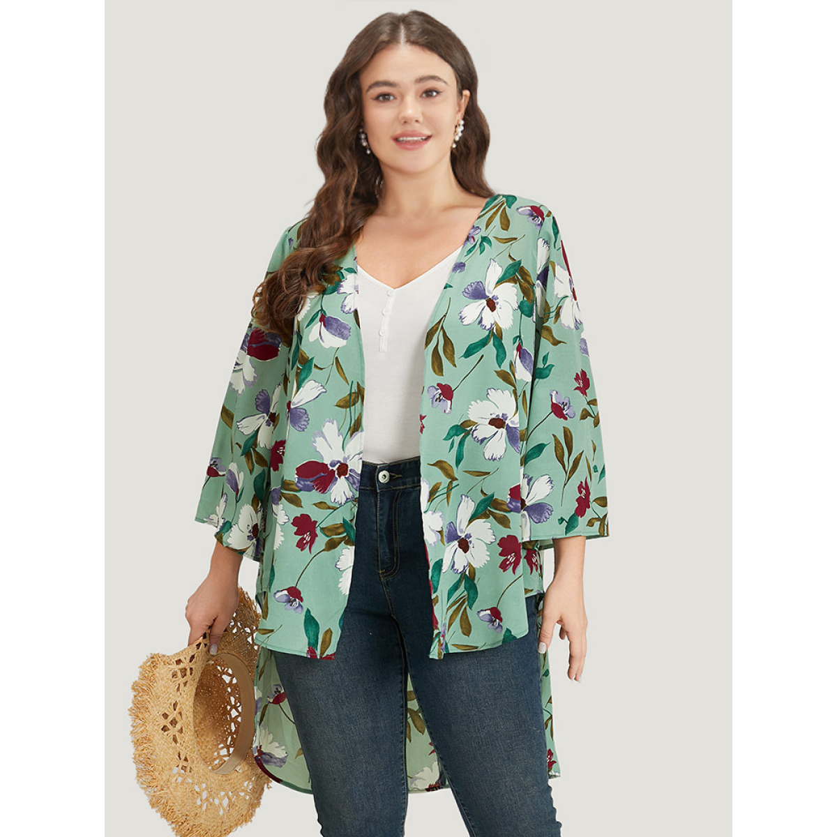 

Plus Size Floral Print Open Front Asymmetrical Hem Kimono Women Mint Vacation Asymmetrical Loose Dailywear Kimonos BloomChic