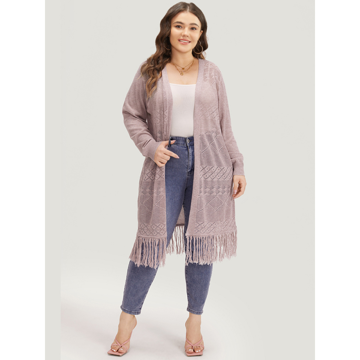 

Plus Size Geometric Eyelet Fringe Trim Open Front Cardigan WhiteSmoke Women Casual Loose Long Sleeve Dailywear Cardigans BloomChic