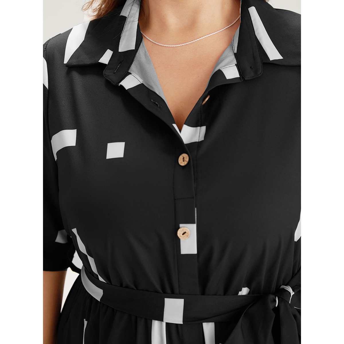 

Plus Size Geometric Print Shirt Collar Button Up Belted Dress Black Women Belted Shirt collar Short sleeve Curvy Midi Dress BloomChic