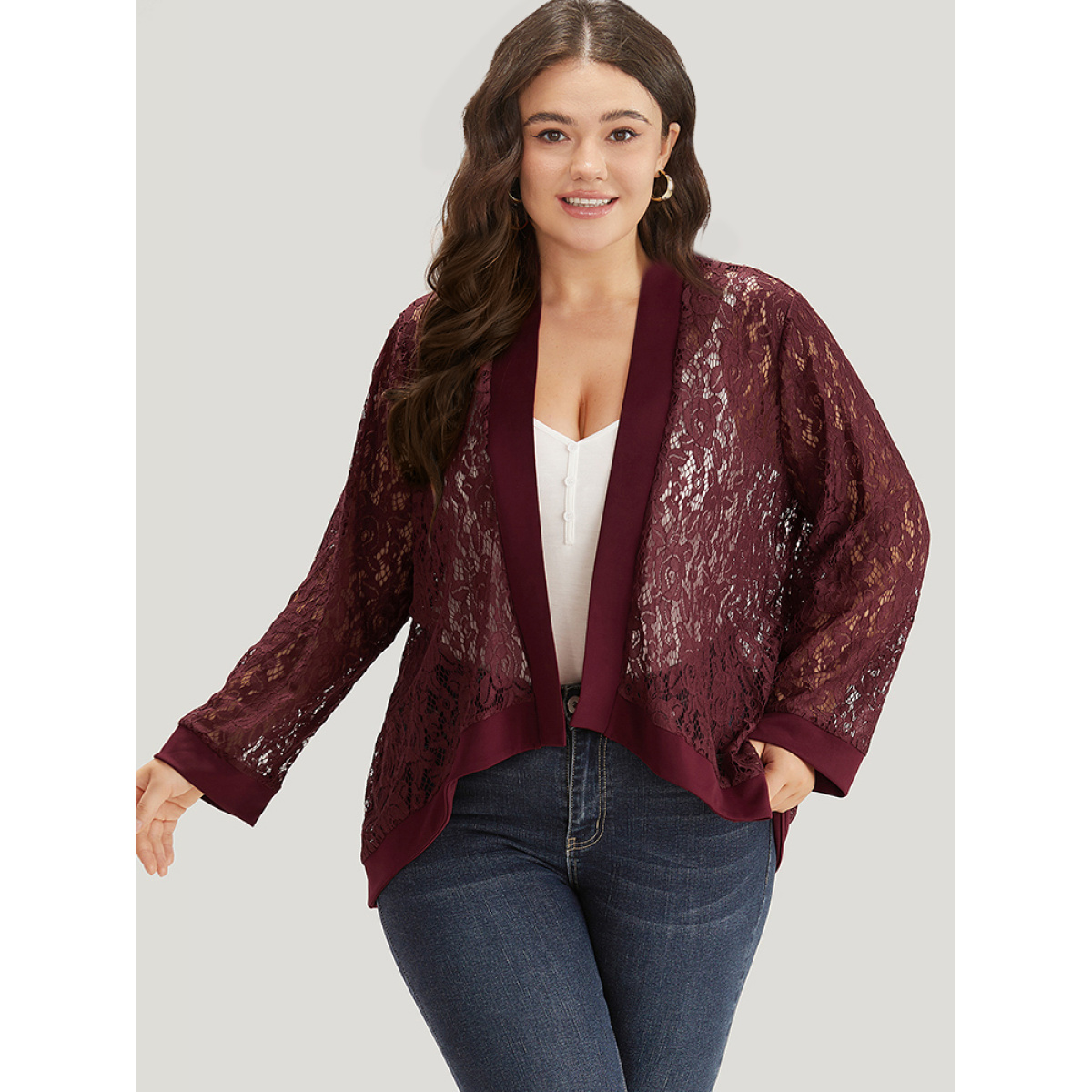 

Plus Size Supersoft Essentials Crochet Lace Mesh Open Front Asymmetrical Hem Kimono Women Scarlet Casual Patchwork Loose Dailywear Kimonos BloomChic