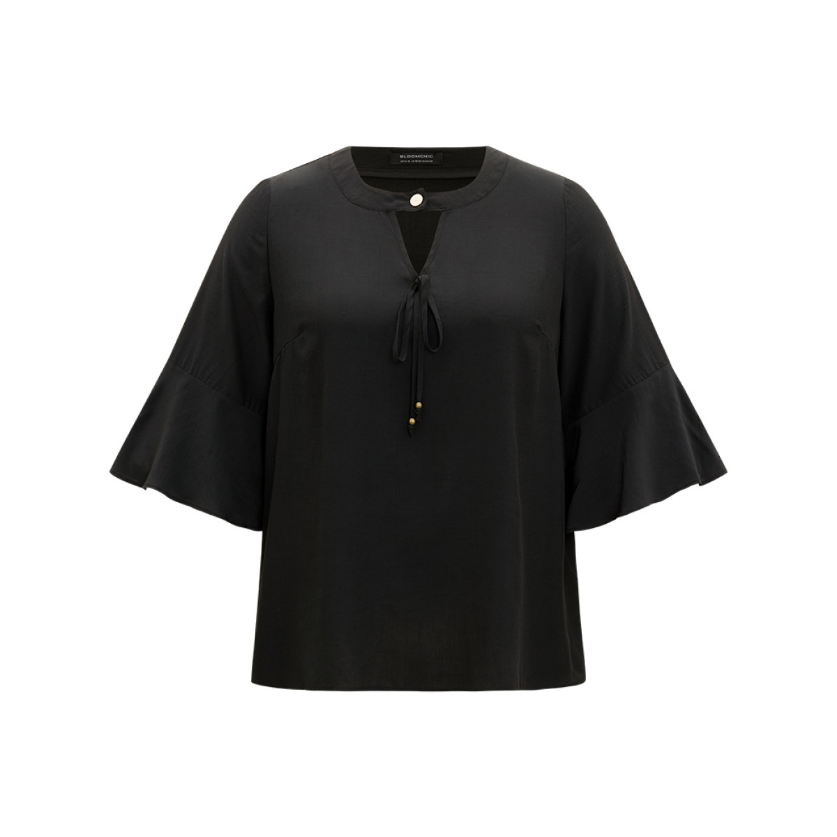 

Plus Size Black Plain Ties Bell Sleeve Keyhole Button Up Blouse Women Office Elbow-length sleeve Keyhole Cut-Out Work Blouses BloomChic