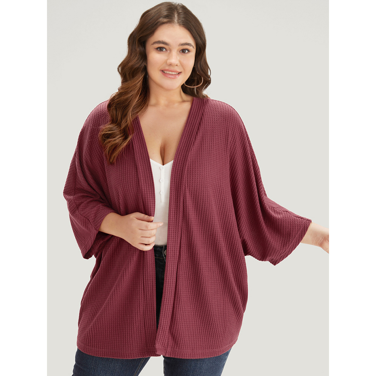 

Plus Size Solid Waffle Knit Open Front Batwing Sleeve Kimono Women Burgundy Casual Texture Loose Everyday Kimonos BloomChic