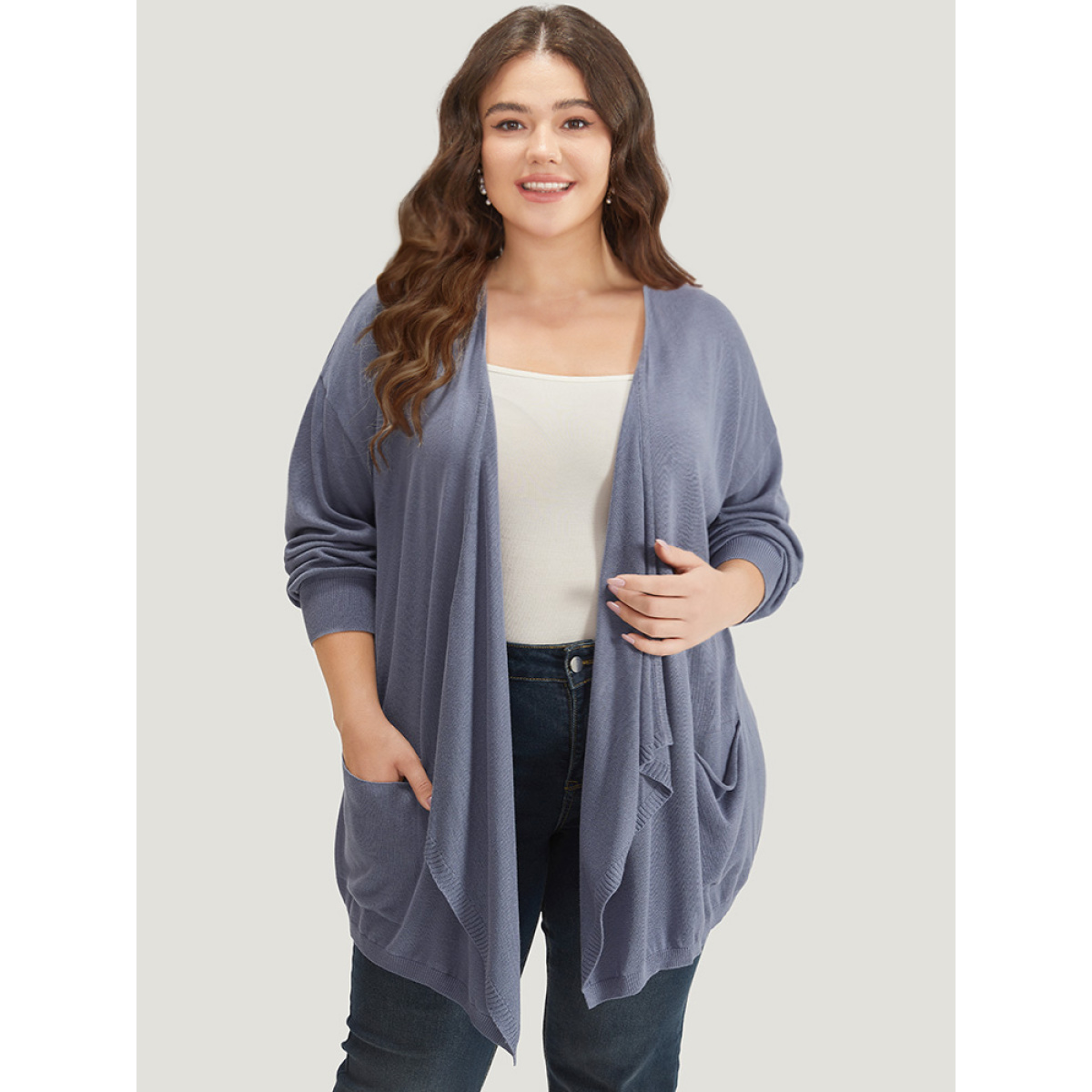 

Plus Size Supersoft Essentials Solid Lapel Collar Patched Pocket Cardigan Stone Women Casual Loose Long Sleeve Dailywear Cardigans BloomChic