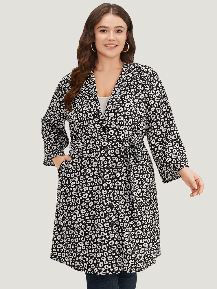 

Plus Size Leopard Print Belted Suit Collar Button Up Kimono Women Black Casual Belted Pocket Belt Dailywear Kimonos BloomChic