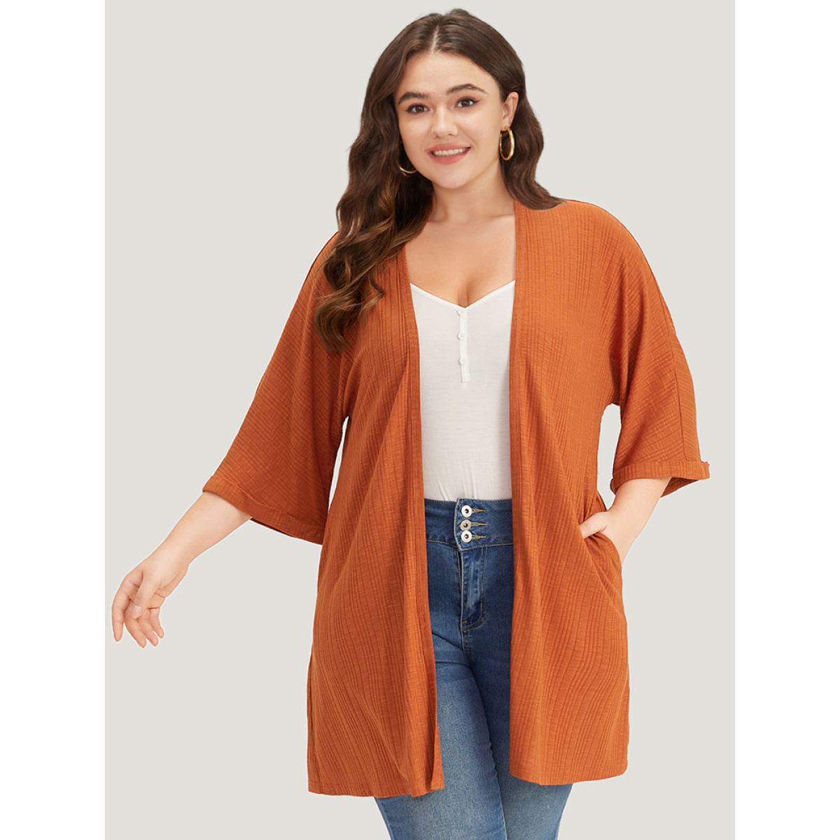 

Plus Size Halloween Plain Open Front Pocket Cuffed Sleeve Kimono Women Rust Casual Texture Pocket Dailywear Kimonos BloomChic