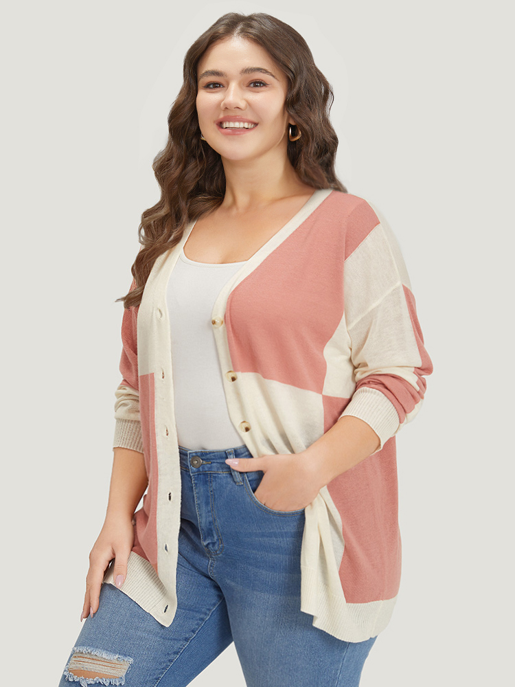 

Plus Size Supersoft Essentials Colorblock Two Tone Button Up Cardigan Salmon Women Casual Loose Long Sleeve Everyday Cardigans BloomChic