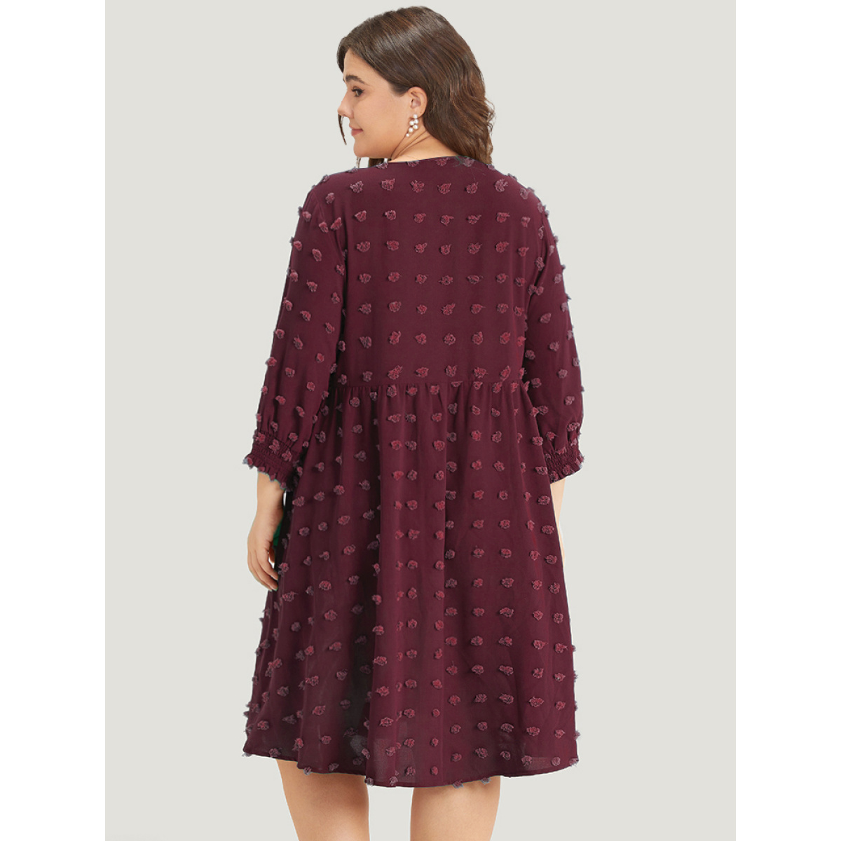 

Plus Size Polka Dot Tassels Ties Shirred Cuffs Pocket Dress Burgundy Women Elastic cuffs V-neck Elbow-length sleeve Curvy Midi Dress BloomChic