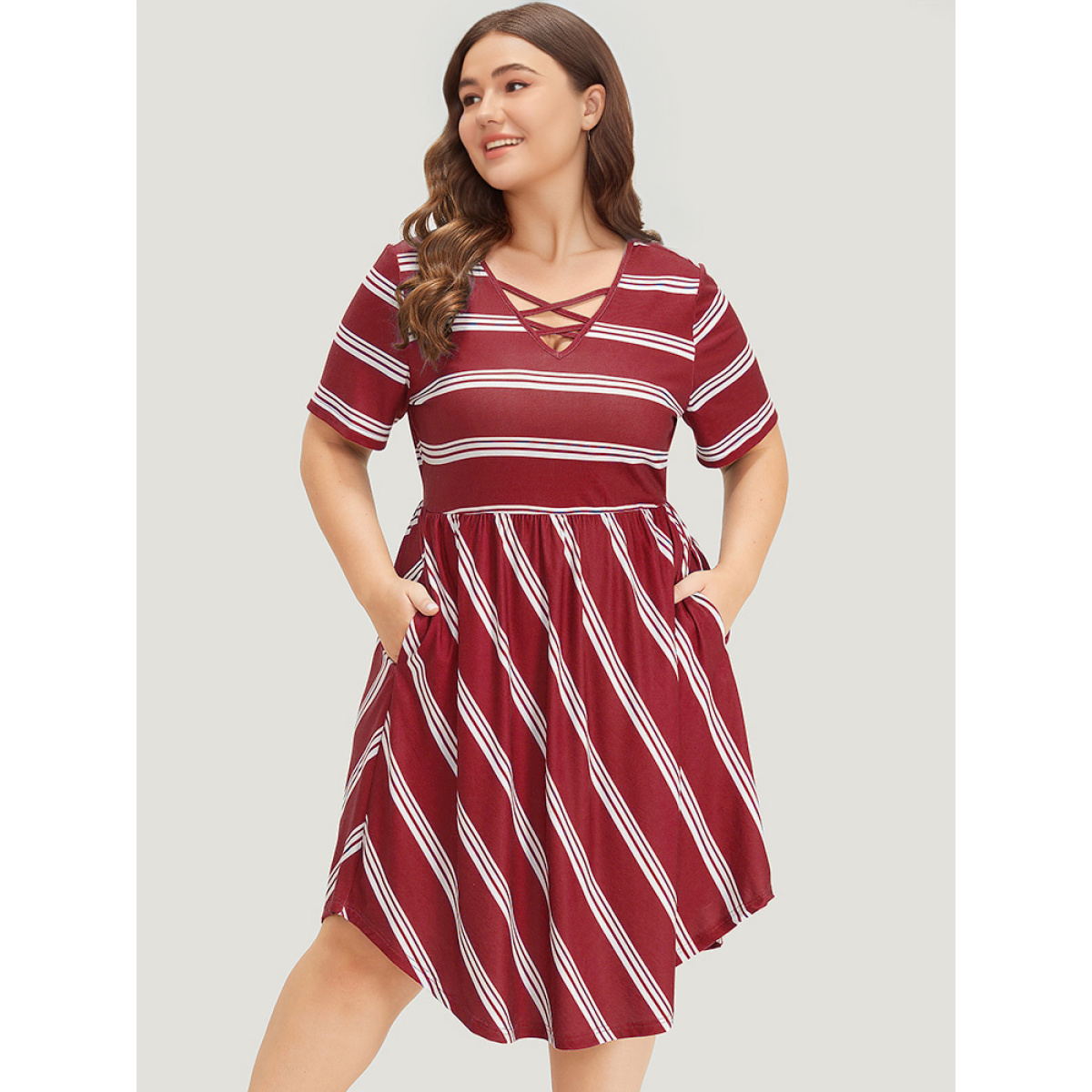 

Plus Size Striped Print Pocket Crisscross Curved Hem Dress Scarlet Women Gathered V-neck Short sleeve Curvy Knee Dress BloomChic