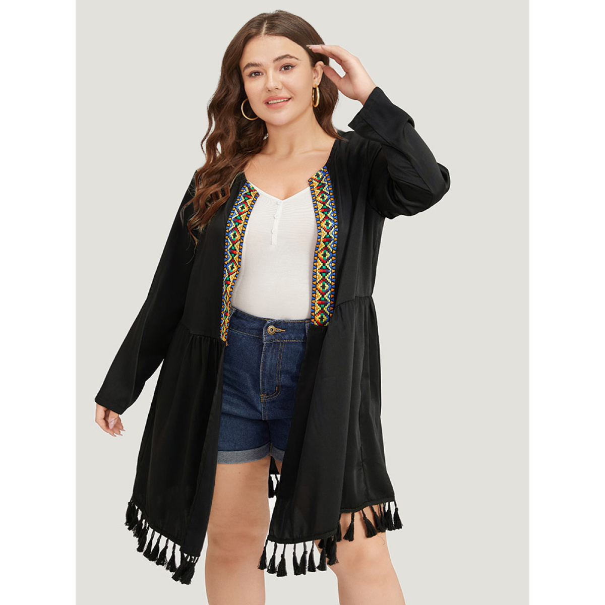 

Plus Size Bandana Print Tassels Trim Open Front Kimono Women Black Casual Tassels Pocket Dailywear Kimonos BloomChic