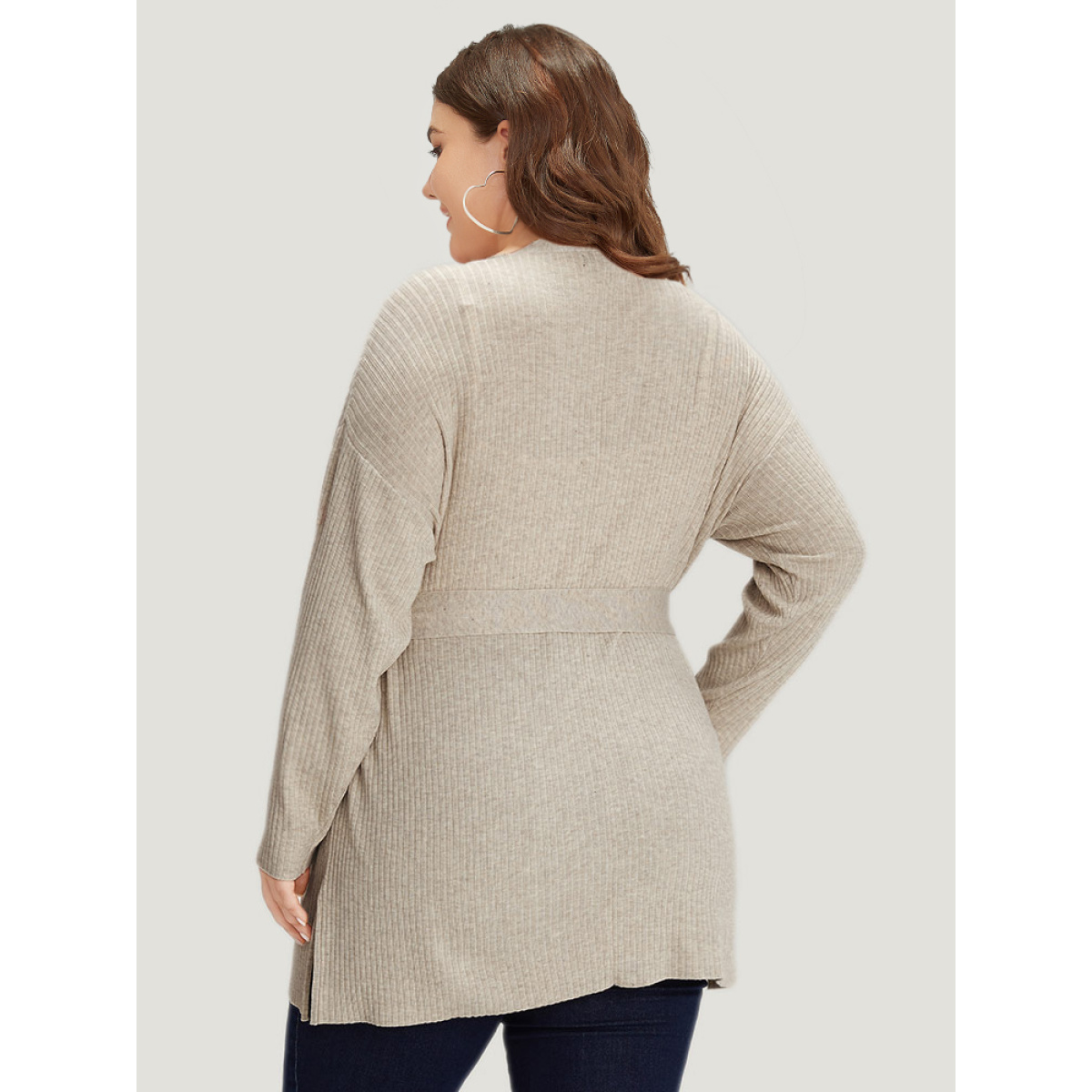 

Plus Size Plain Belted Patched Pocket Split Side Cardigan LightBrown Women Casual Loose Long Sleeve Dailywear Cardigans BloomChic