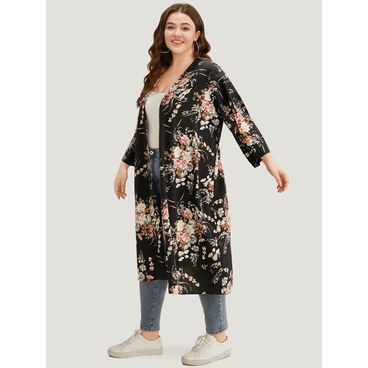 

Plus Size Boho Print Belted Open Front Kimono Women BlackFlower Casual Belted Belt Dailywear Kimonos BloomChic