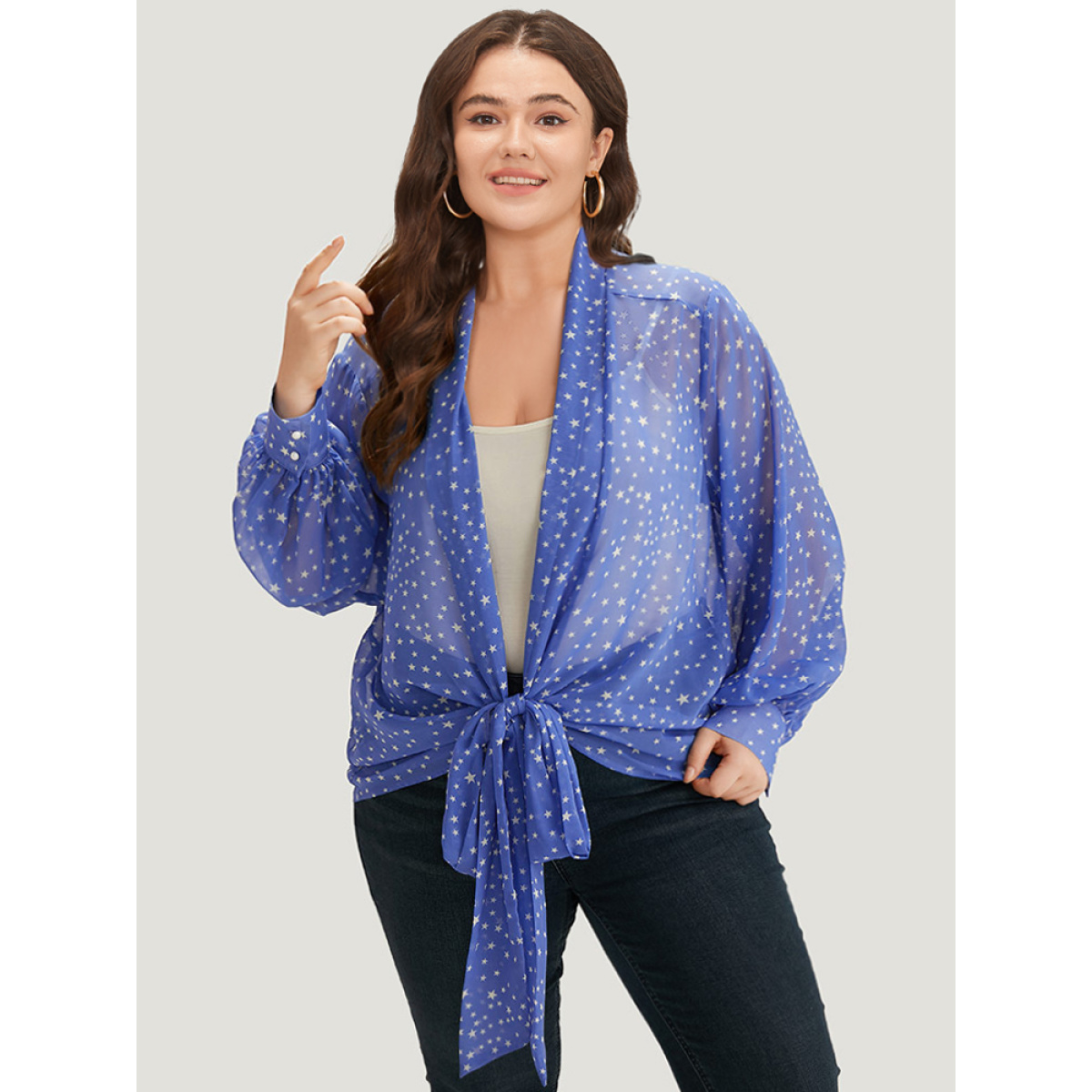 

Plus Size UltraCool Star Print Lapel Collar Bowknot Kimono Women Blue Casual Drape Dailywear Kimonos BloomChic