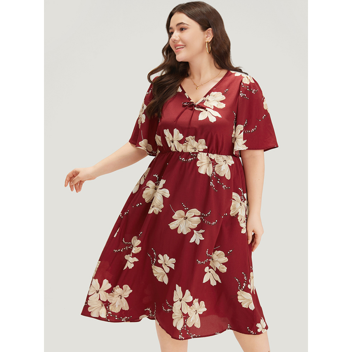 

Plus Size Floral Print Knot Neck Pocket Ruffle Dress Burgundy Women Cross straps Tie Neck Short sleeve Curvy Midi Dress BloomChic