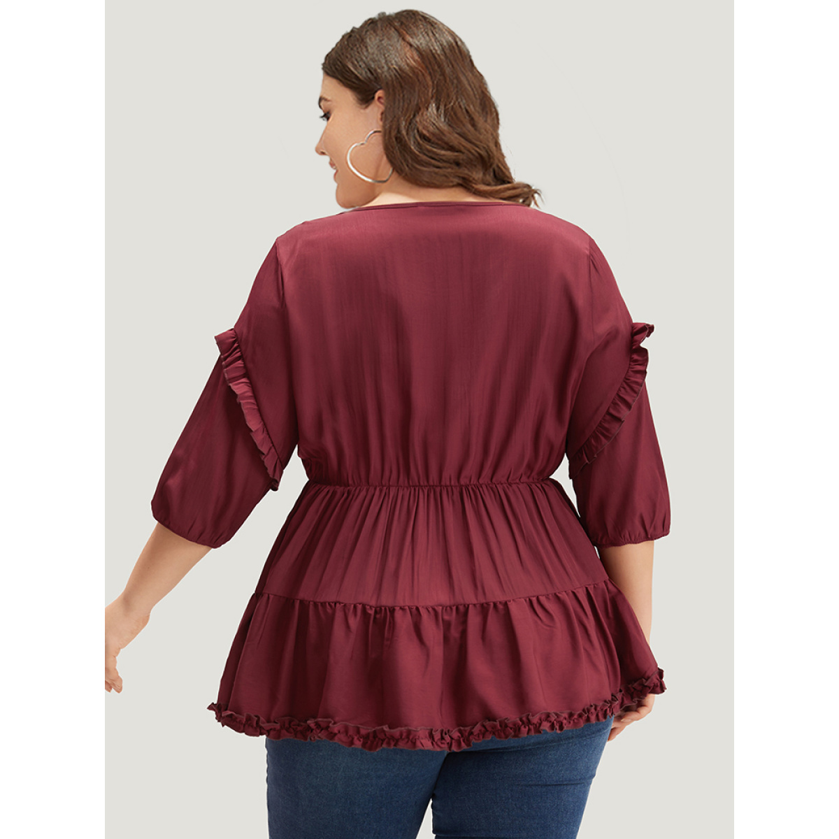 

Plus Size Burgundy Plain Frill Trim Layered Hem Lantern Sleeve Blouse Women Elegant Elbow-length sleeve Round Neck Dailywear Blouses BloomChic