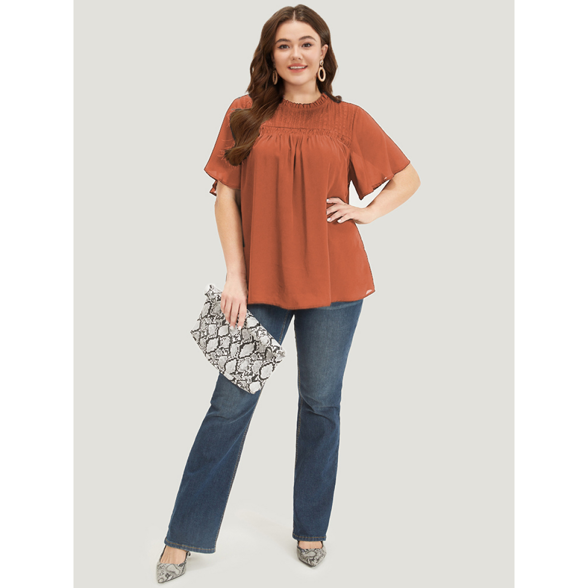 Plus Size Chocolate Anti-Wrinkle Shirred Ruffle Sleeve Mesh Frill Trim Blouse Women Office Short sleeve Stand-up collar Work Blouses BloomChic
Plus Size Chocolate Anti-Wrinkle Shirred Ruffle Sleeve Mesh Frill Trim Blouse Women Office Short sleeve Stand-up collar Work Blouses BloomChic