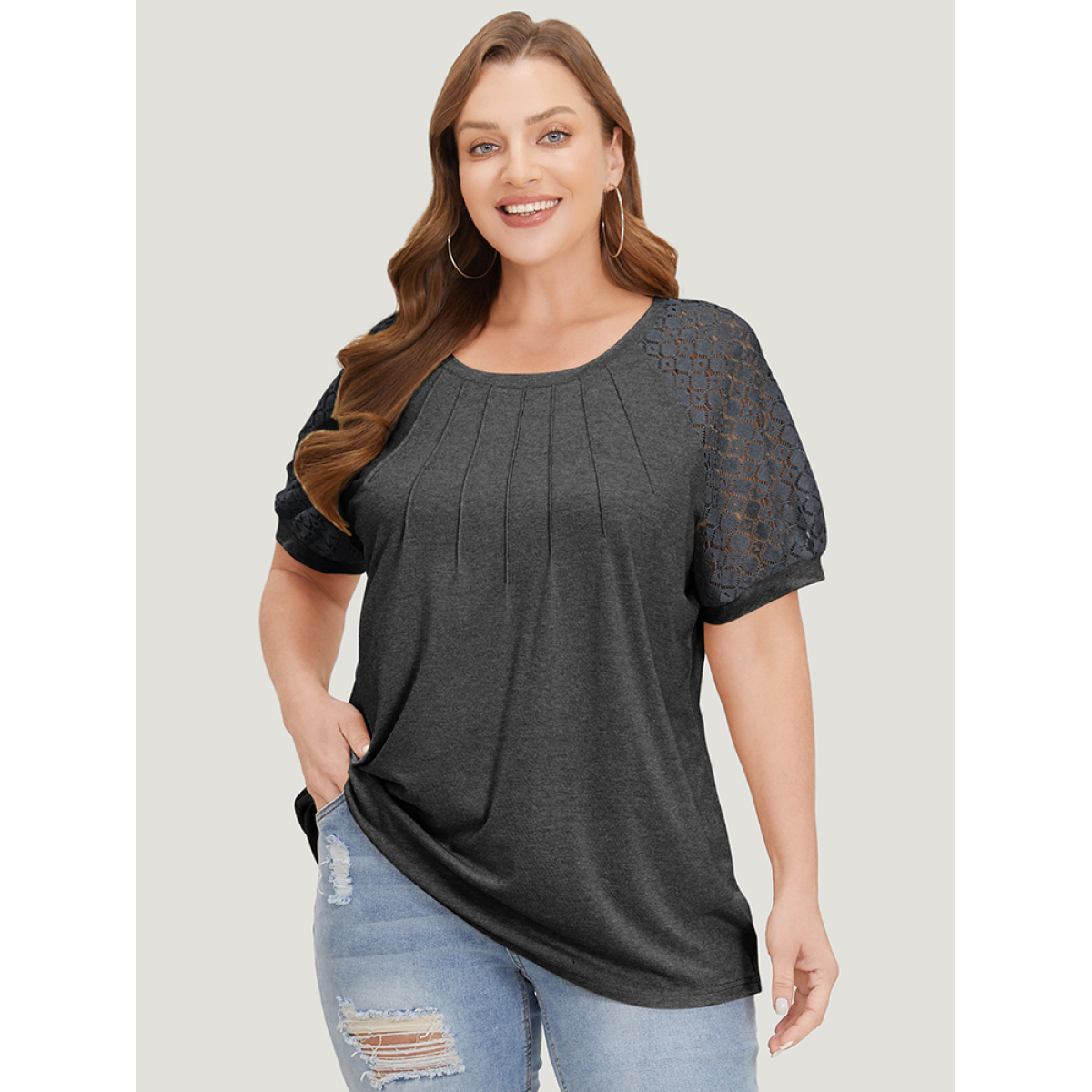 

Plus Size Solid Lace Raglan Sleeve Pleated T-shirt DimGray Women Casual Pleated Plain Round Neck Dailywear T-shirts BloomChic