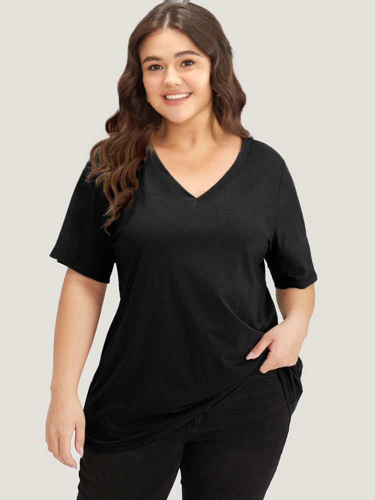 

Plus Size Solid Twist Back V Neck Short Sleeve T-shirt Black Women Casual Plain Plain V-neck Dailywear T-shirts BloomChic